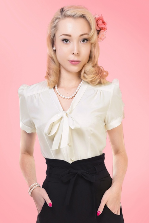 Collectif Clothing - 50s Tura Bow Blouse in Ivory 6