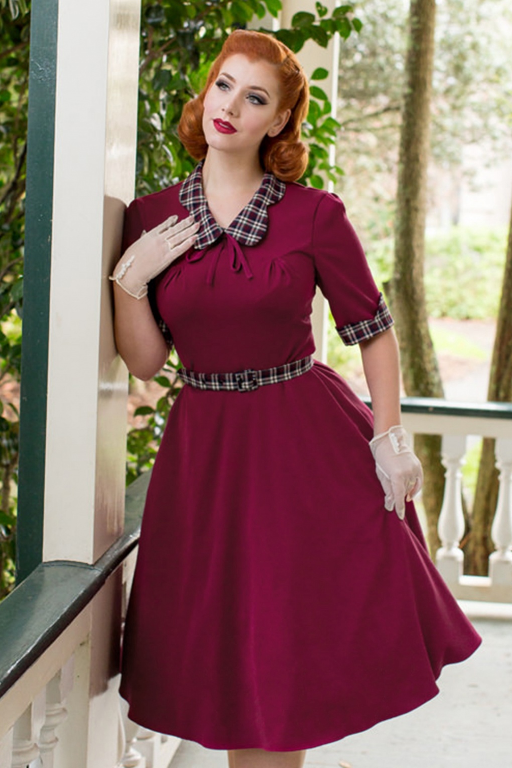 40s Ella Swing Dress In Raspberry And Tartan