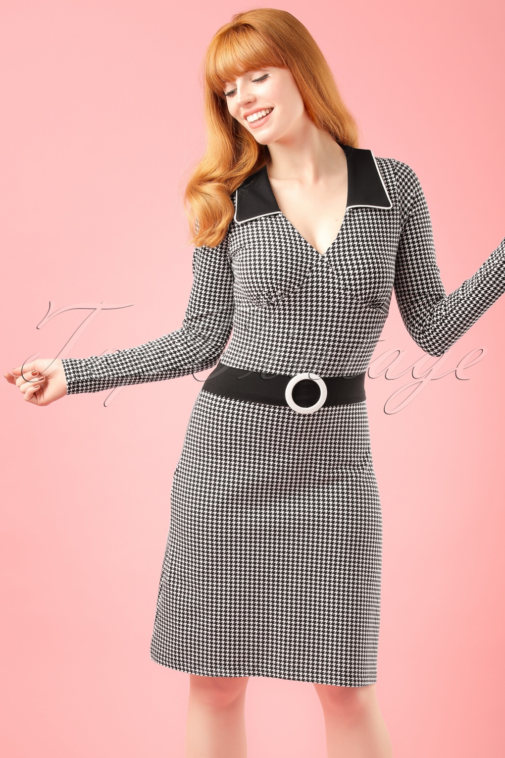 60s Chloe A-Line Dress in Black and White Houndstooth