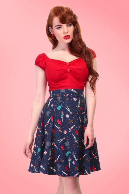 Collectif Clothing - 50s Tammy Paper Pin Up Doll Skirt in Navy 2
