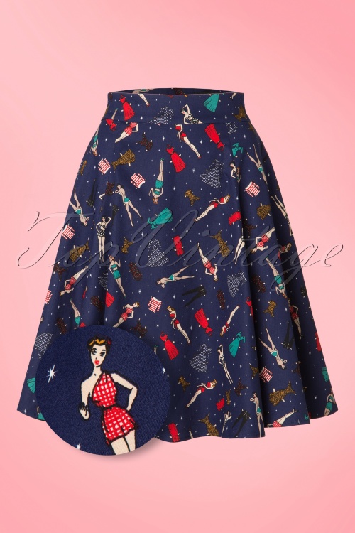 Collectif Clothing - Tammy Paper Pin Up Doll Skirt Années 1950 en Navy