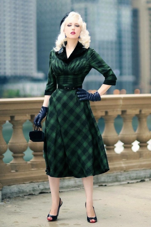 Vixen - 40s Lola Tartan Swing Dress in Green 4