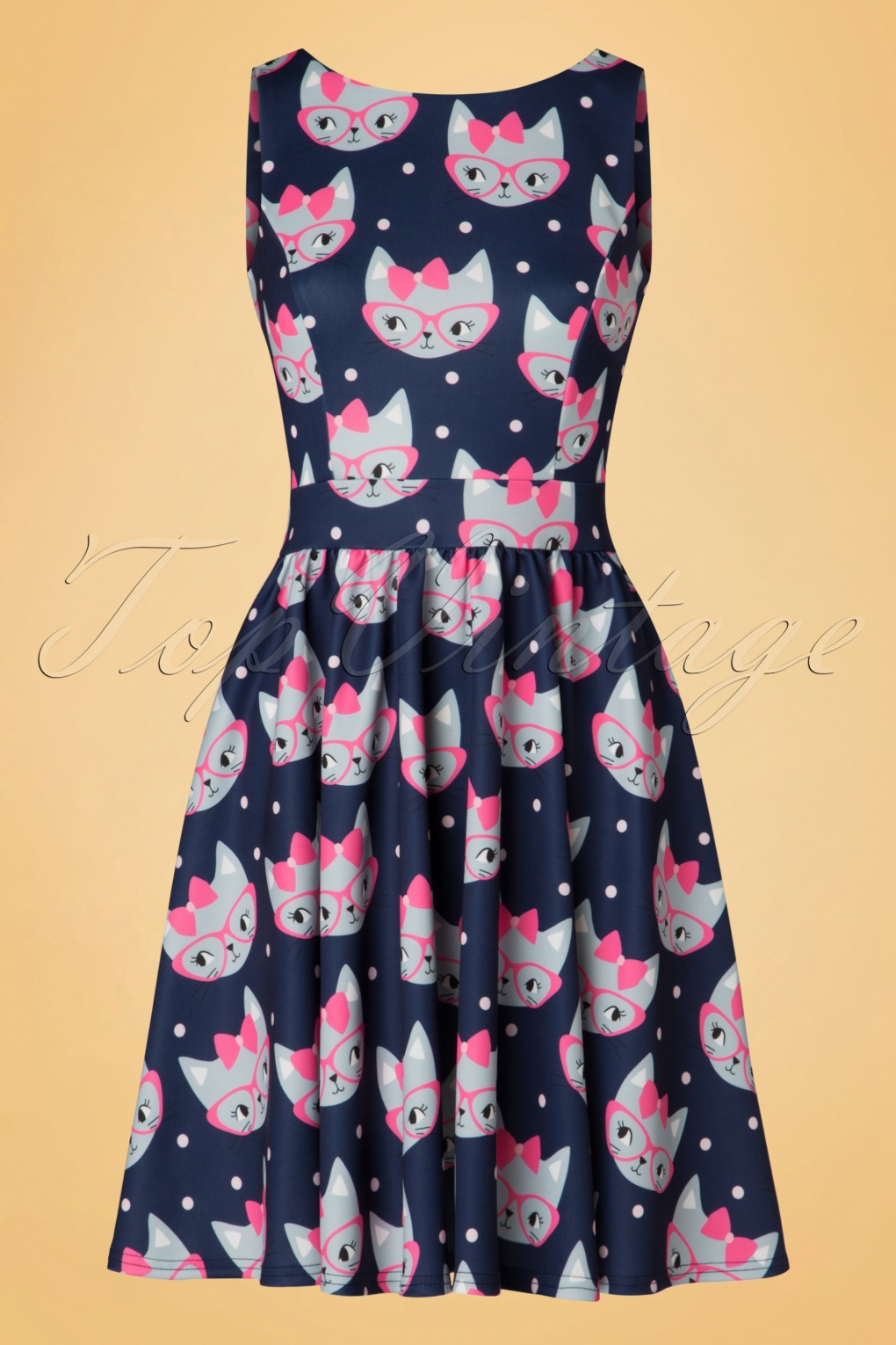 50s Retro Cat Tea Dress in Navy