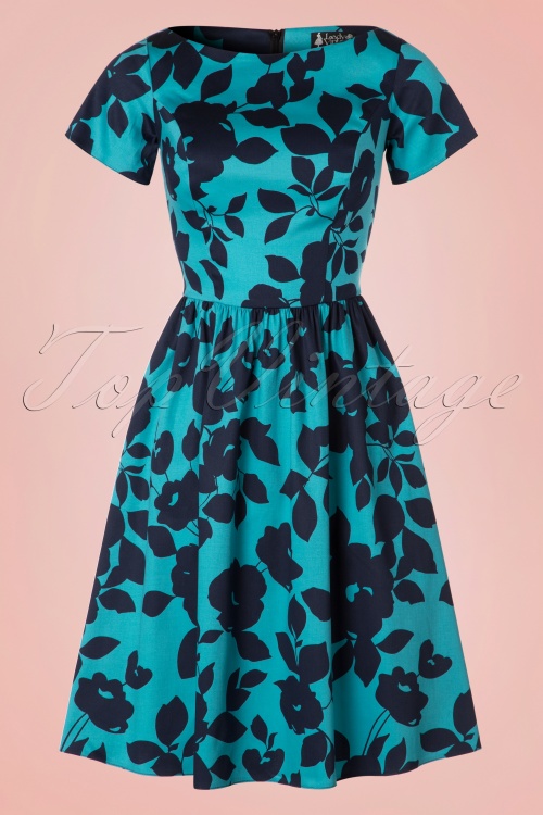 Lady V by Lady Vintage - Eloise Swing-Kleid mit Blumenmuster in Blaugrün 2