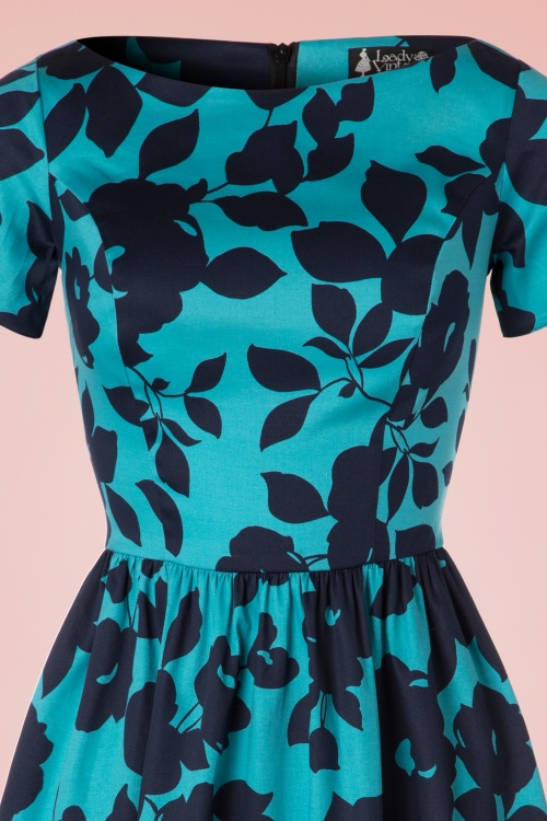 Lady V by Lady Vintage - Eloise Swing-Kleid mit Blumenmuster in Blaugrün 3