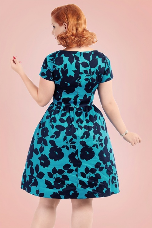 Lady V by Lady Vintage - Eloise Swing-Kleid mit Blumenmuster in Blaugrün 4