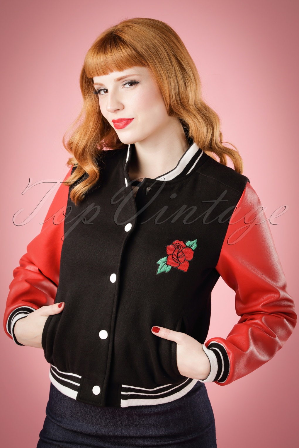 50s Britney Rose College Jacket in Black and Red