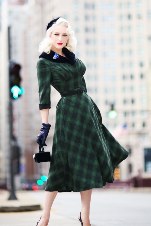 Vixen - 40s Lola Tartan Swing Dress in Green