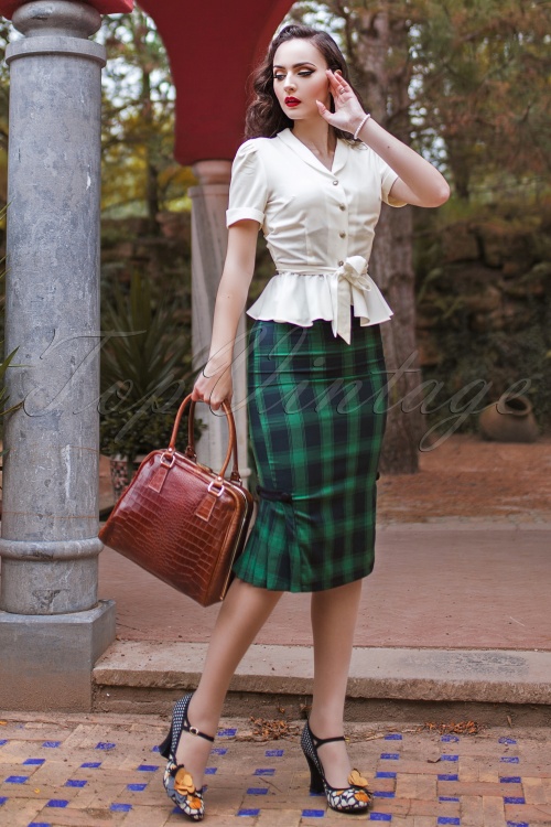 Vixen - Agnes Tartan Pencil Skirt Années 40 en Vert