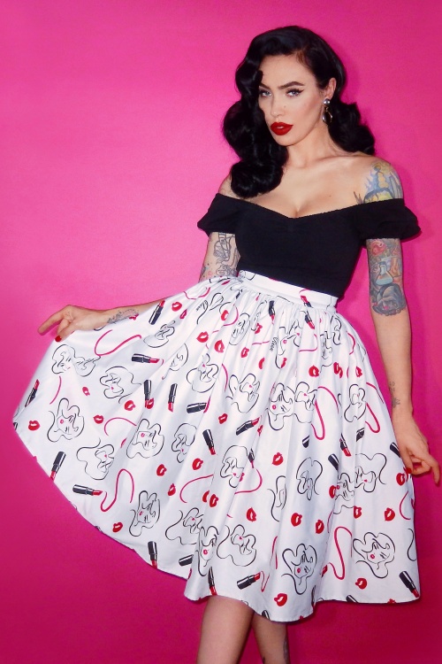 Vixen by Micheline Pitt - Lipstick Novelty Swing Skirt Années 50 en Blanc