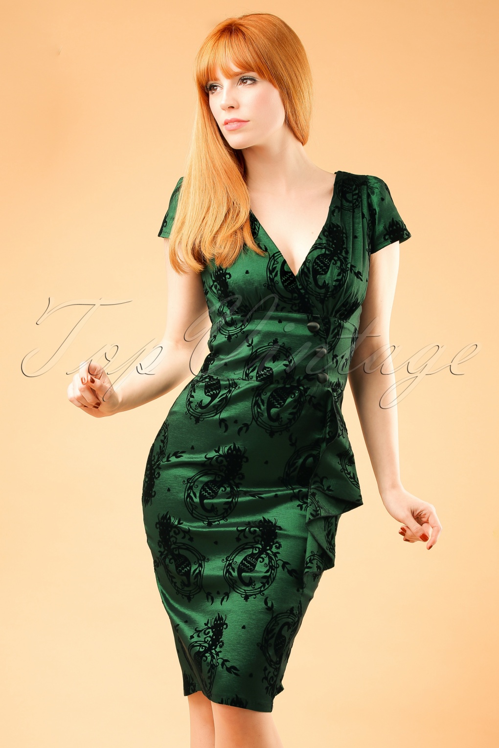 50s Penny Peacock Pencil Dress In Emerald Green 5890
