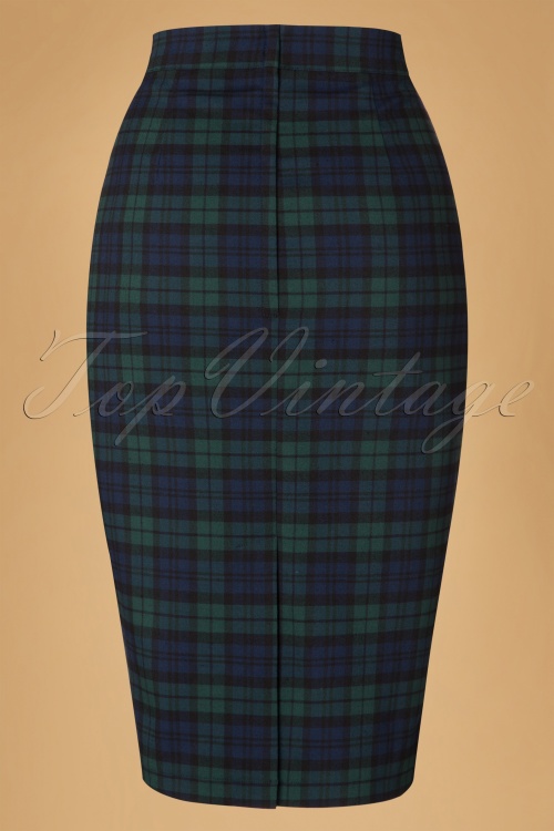 Collectif Clothing - 50s Polly Blackwatch Pencil Skirt in Navy and Green 4