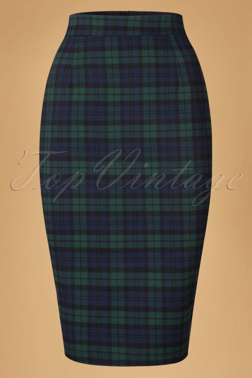Collectif Clothing - 50s Polly Blackwatch Pencil Skirt in Navy and Green 2
