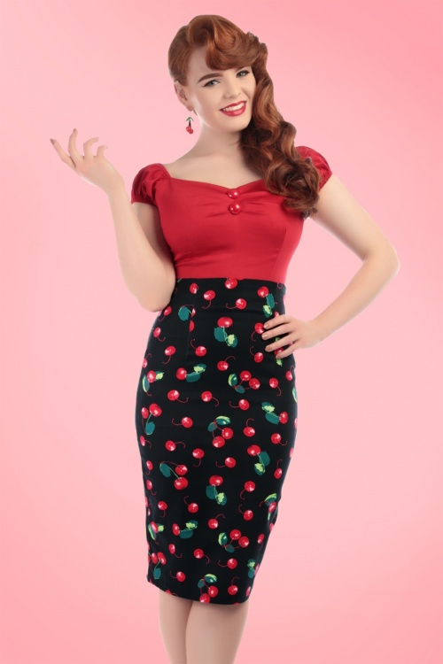 Collectif Clothing - 50s Fiona Cherry Pencil Skirt in Black 2