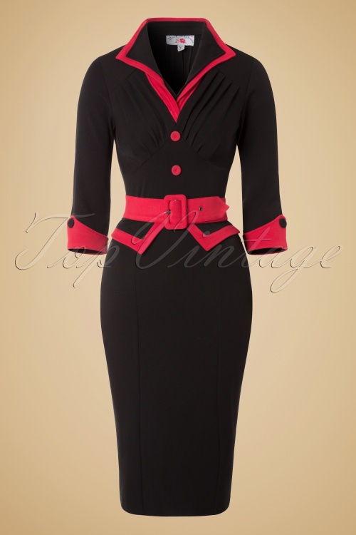 Miss Candyfloss - Myrna Pencil Dress Années 50 en Noir et Rouge